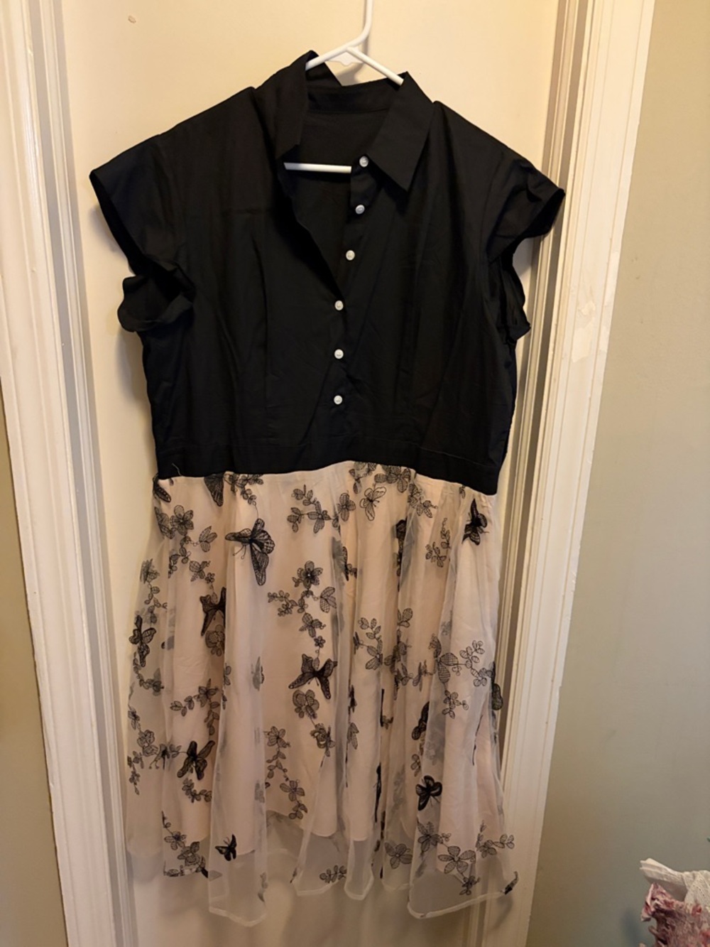 Women's Retro Black and Cream Butterfly Embroidered Dress
